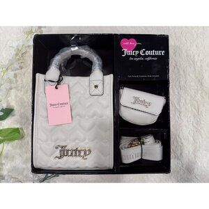 Juicy Couture Quilted Ivory Mini Tote W/ Rhinestone Logo Coin Purse & Crossbody